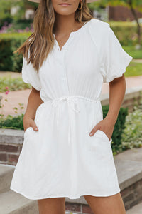 Puff Sleeve Dress |  Drawstring Shirt Dress with Pockets