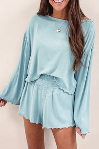 Shorts Set | Sky Blue Long Sleeve Top High Waist