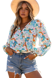 Sky Blue Floral Print Wrap Long Sleeve Bodysuit | Tops/Bodysuits