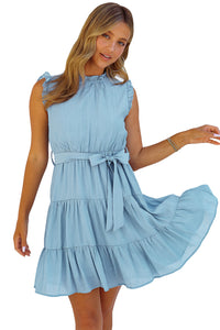 Sky Blue Frilled Neck Sleeveless Tiered Tulle Dress | Dresses/Mini Dresses