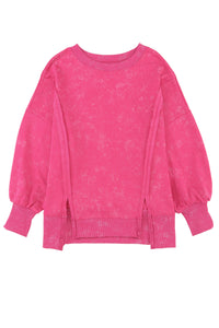 Rose Acid Wash Relaxed Fit Seamed Pullover Sweatshirt with Slits | Tops/Sweatshirts & Hoodies