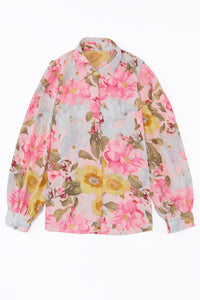 Pink All Floral Puff Sleeve Collared Shirt | Tops/Blouses & Shirts