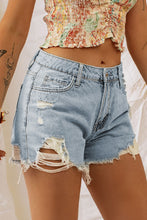 Load image into Gallery viewer, Sky Blue Distressed Light Wash Denim Shorts
