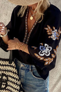 Bohemian Blouse | Black Floral Embroidered V Neck