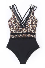 Load image into Gallery viewer, Leopard Splicing Deep V Neck Criss Cross One-piece Swimwear | Swimwear/One Piece Swimsuit
