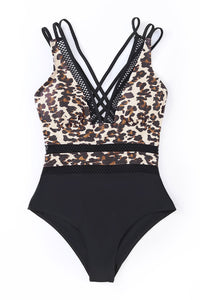 Leopard Splicing Deep V Neck Criss Cross One-piece Swimwear | Swimwear/One Piece Swimsuit