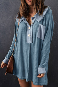 Sky Blue Waffle Knit Buttoned Long Sleeve Top | Tops/Long Sleeve Tops