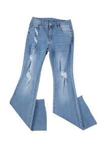 Sky Blue Dark Wash Mid Rise Flare Jeans | Bottoms/Jeans