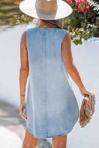 Beau Blue Light Wash Split Neck Sleeveless Chambray Dress | Dresses/Mini Dresses