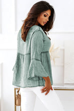 Load image into Gallery viewer, Green Crinkle Lace Up Round Neck Bell Sleeve Blouse | Tops/Blouses &amp; Shirts
