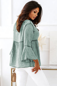 Green Crinkle Lace Up Round Neck Bell Sleeve Blouse | Tops/Blouses & Shirts