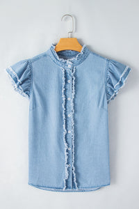 Denim Top | Raw Hem Button Up Cap Sleeve Blouse