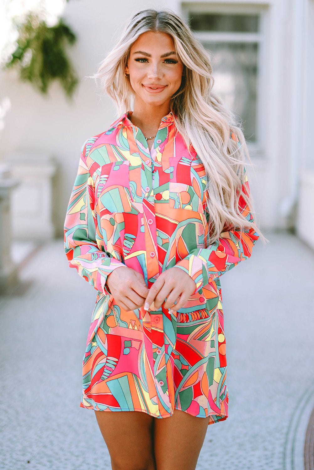 Long Sleeve Shirt Dress | Multi-Color Geometric Abstract Print