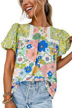 Load image into Gallery viewer, Green Bubble Sleeve Lace Trim Floral Mixed Print Blouse | Tops/Blouses &amp; Shirts
