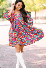 Load image into Gallery viewer, Sky Blue Floral Print Tie Split Neck Bubble Sleeve Babydoll Dress | Dresses/Floral Dresses
