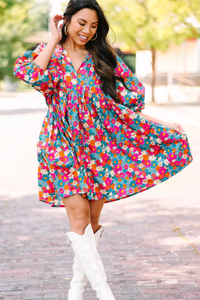 Sky Blue Floral Print Tie Split Neck Bubble Sleeve Babydoll Dress | Dresses/Floral Dresses