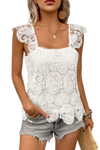 White Lace Crochet Ruffled Square Neck Tank Top | Tops/Tank Tops