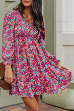 Load image into Gallery viewer, Purple Smocked V Neck Puffy Sleeve Floral Dress | Dresses/Floral Dresses
