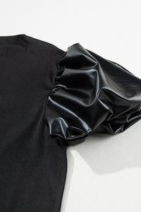 Puff Sleeve Top | Black Faux Leather Sleeve Mock Neck Top