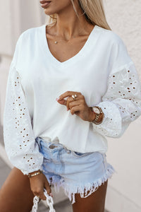 Puff Sleeve Top | White V-neck Embroidered Patchwork