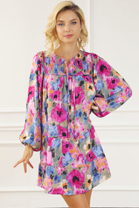 Multicolour Floral Tie Neck Bubble Sleeve Shift Dress | Dresses/Floral Dresses