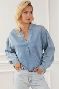 Sky Blue Split V-Neck Balloon Sleeve Ruched Denim Top | Tops/Blouses & Shirts