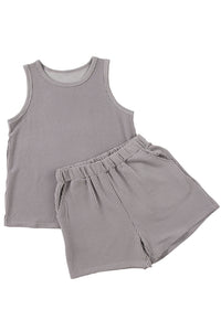 Medium Grey Corded Sleeveless Top and Pocketed Shorts Set | Two Piece Sets/Short Sets