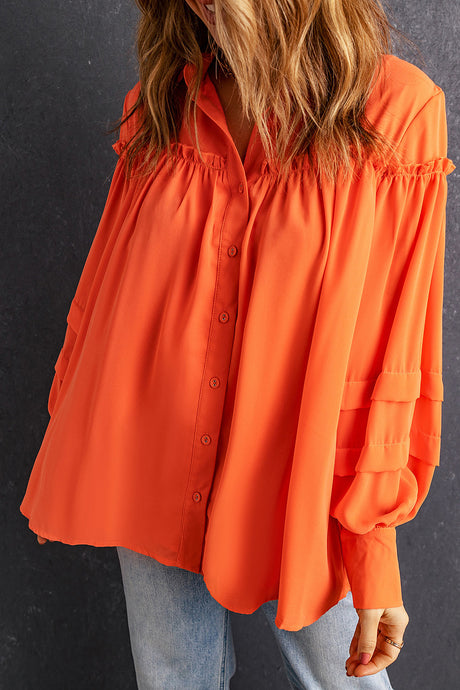 Orange Frill Trim Creasy Puff Sleeve Shirt | Tops/Blouses & Shirts