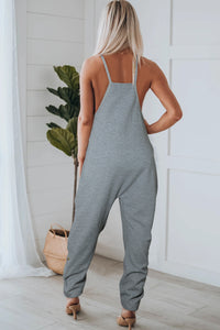 Gray Jumpsuit | Gray Waffle Knit Spaghetti Straps Loose Fit