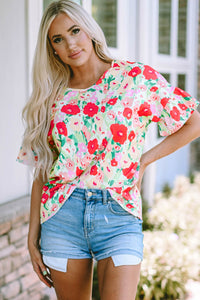 V Neck Blouse | Red Floral Print Ruffled Short Sleeve