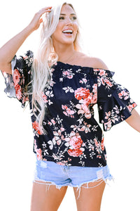 Blue Ruffle Off Shoulder Flounce Sleeve Floral Blouse | Tops/Blouses & Shirts