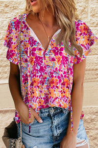 Fiery Red Flutter Sleeves Floral Print Top | Tops/Tops & Tees