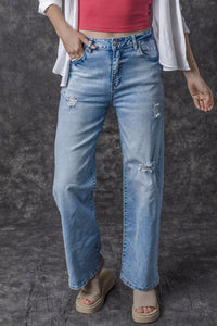 Light Blue High Rise Distressed Straight Leg Jeans | Bottoms/Jeans