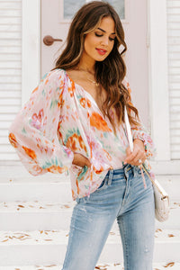 Womens Blouse | Multicolor Abstract Print Split Neck Puff Sleeve Blouse | Tops/Blouses & Shirts