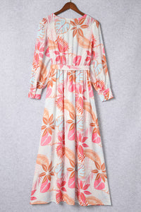 Maxi Dress | Tropical Plant Print Long Sleeve Wrap Dress