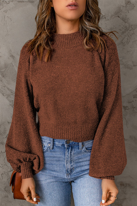 Brown Solid Color Lantern Sleeve Knitted Sweater | Tops/Sweaters & Cardigans