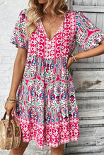 Load image into Gallery viewer, Pink Bohemian Print Tie Neck Ruffle Hem Short Dress | Dresses/Mini Dresses
