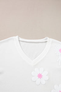 V Neck Top | White Flower Applique Texture Knitted Blouse