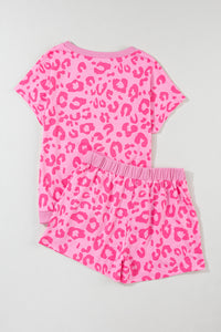 Loungewear Set | Pink Leopard Print Tee and Satin Tie Shorts