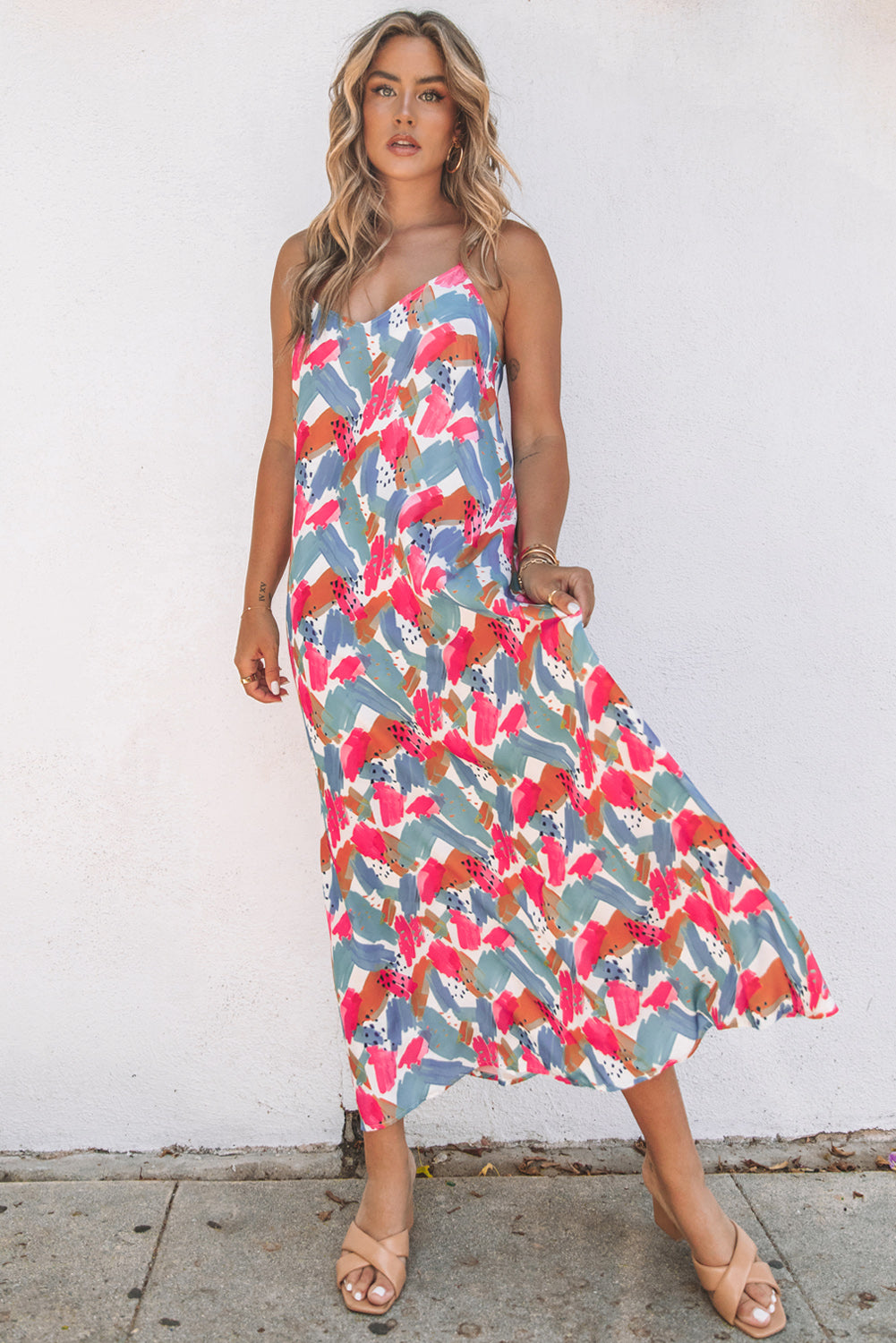 Maxi Dress | Multi-Color Abstract Print Spaghetti Straps