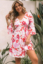 Load image into Gallery viewer, Orange V Neck 3/4 Sleeve Floral Dress | Dresses/Floral Dresses
