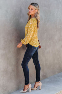 Yellow Split Neck Fall Printed Crinkled Blouse | Tops/Blouses & Shirts