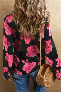 Black Floral Print Pleated Detail Puff Sleeve Shirt | Tops/Blouses & Shirts