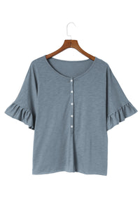 T Shirt | Gray Ruffled Half Sleeve Buttoned Loose