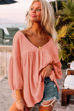 Load image into Gallery viewer, Pink Textured V Neck Bracelet Sleeve Babydoll Blouse | Tops/Blouses &amp; Shirts
