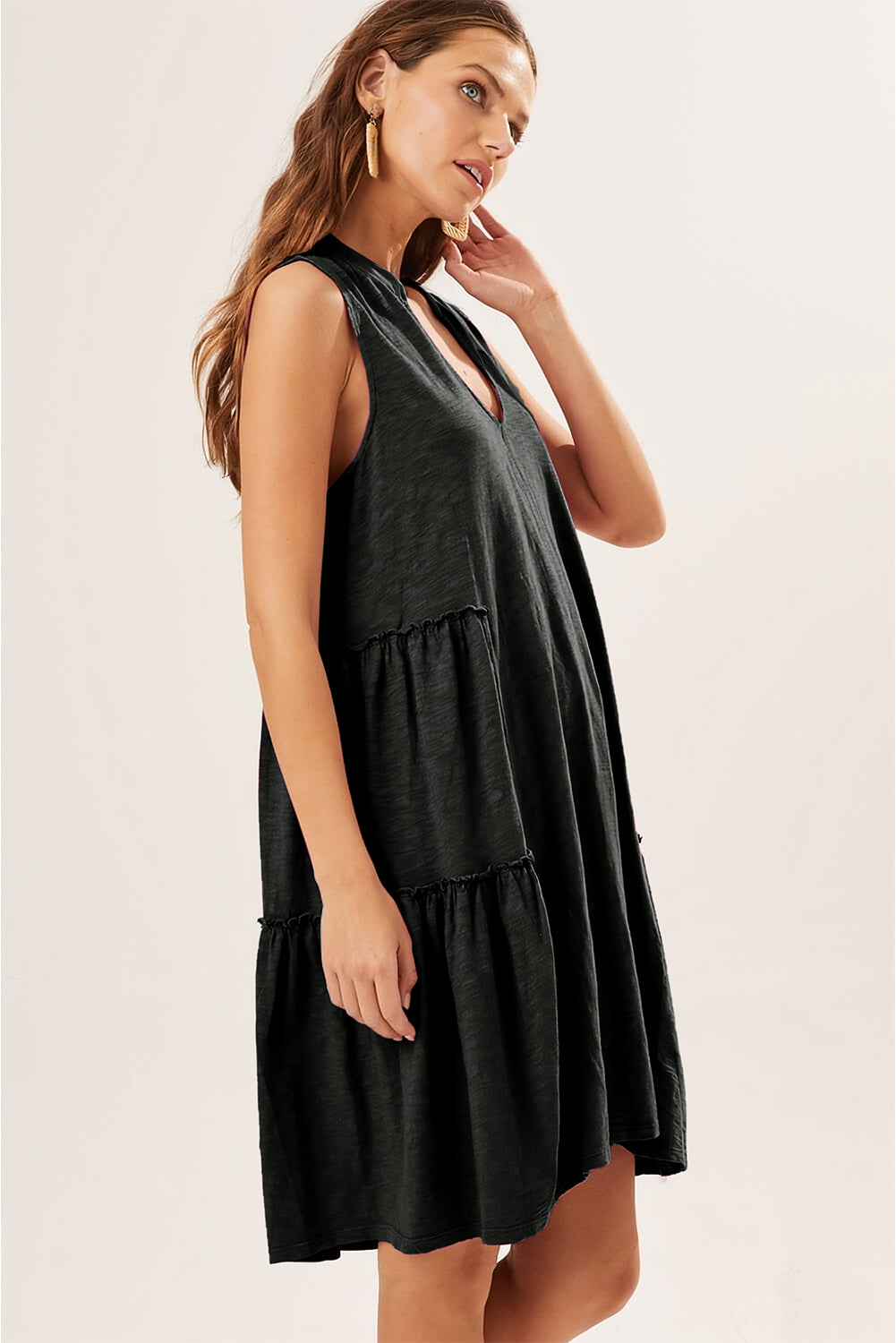 Womens Dress | Black Split V Neck Tiered Flowy Sleeveless Dress | Dresses/Mini Dresses