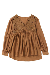 Brown Lace Crochet Buttoned V Neck Babydoll Top | Tops/Blouses & Shirts