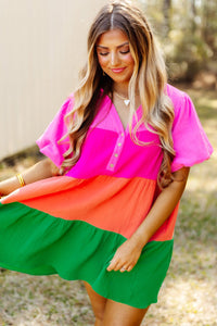 Multicolor Color Block Tiered Puff Sleeve Dress | Dresses/Mini Dresses