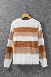 Chestnut Striped Cable Knit Drop Shoulder Sweater | Tops/Sweaters & Cardigans