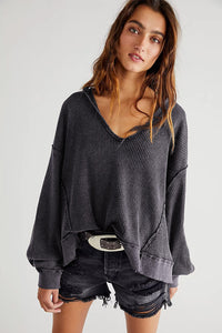 Gray Oversized Drop Shoulder Thermal Knit Top | Tops/Long Sleeve Tops